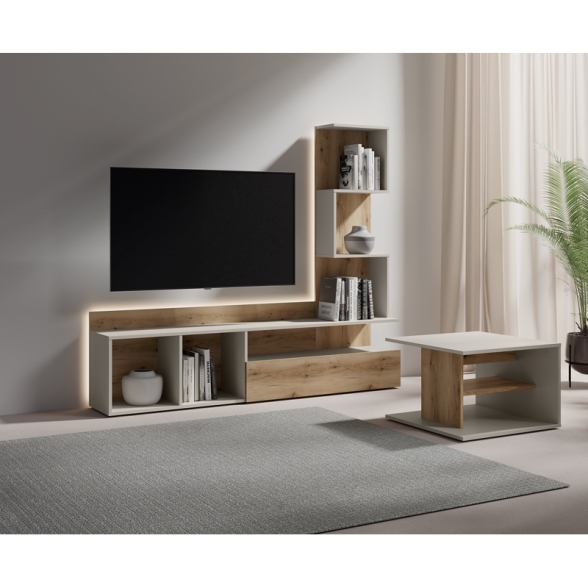 Parete Attrezzata 180 Cm Mobile TV Con Libreria Rovere Naturale E Beige Lima