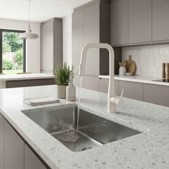 Miscelatore Lavello Cucina Con Doccino Estraibile In Ottone Smooth Bianco Opaco