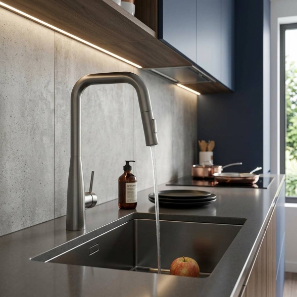 Miscelatore Lavello Cucina Con Doccino Estraibile In Ottone Smooth Grigio Spazzolato