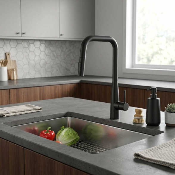 Miscelatore Lavello Cucina Con Doccino Estraibile In Ottone Smooth Nero Opaco