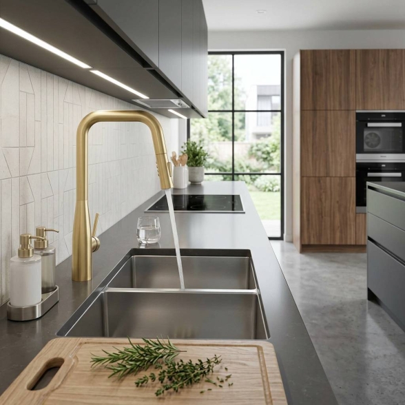 Miscelatore Lavello Cucina Con Doccino Estraibile In Ottone Smooth Oro Spazzolato