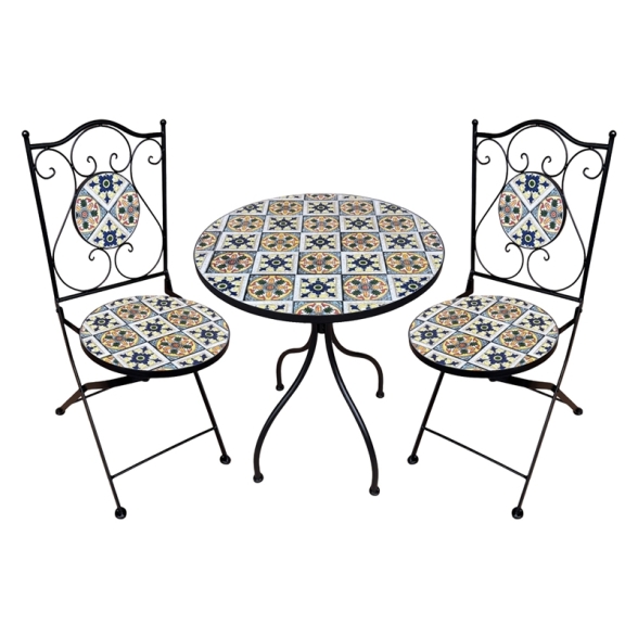 Set Bistrot Tavolo Maioliche D60xH75 Con 2 Sedie Pieghevoli Fiocco