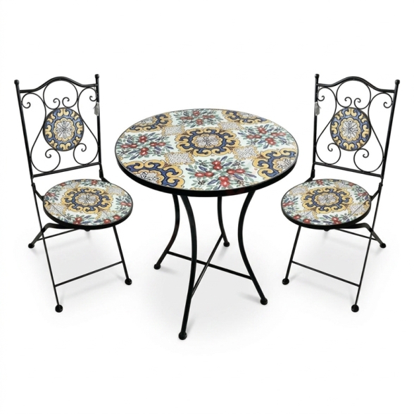 Set Bistrot Tavolo Maioliche D60xH75 Con 2 Sedie Pieghevoli Fiorarte