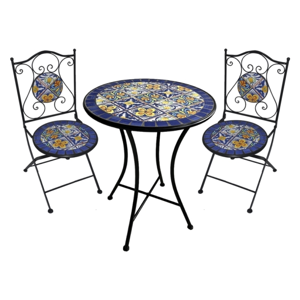 Set Bistrot Tavolo Maioliche D60xH75 Con 2 Sedie Pieghevoli Genziana