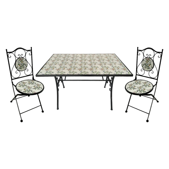 Set Da Pranzo Tavolo Maioliche Rettangolare 120x80 Con 2 Sedie Pieghevoli Flora