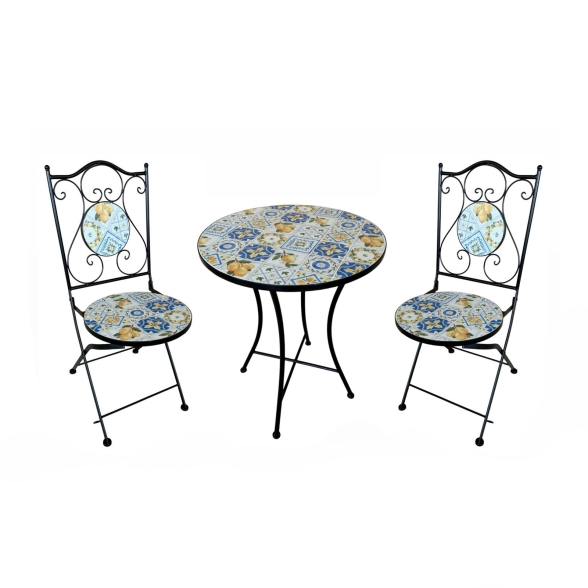 Set Bistrot Tavolo Mosaico Tondo 60 Cm Con 2 Sedie Pieghevoli Lemon