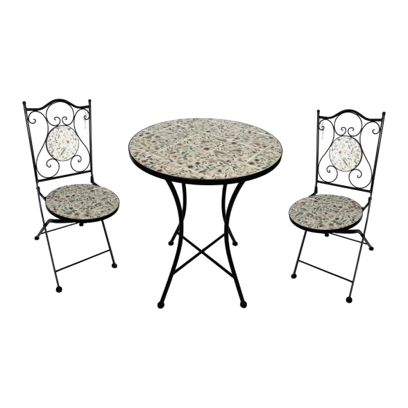 Set Bistrot Tavolo Mosaico Tondo 60 Cm Con 2 Sedie Pieghevoli Lille