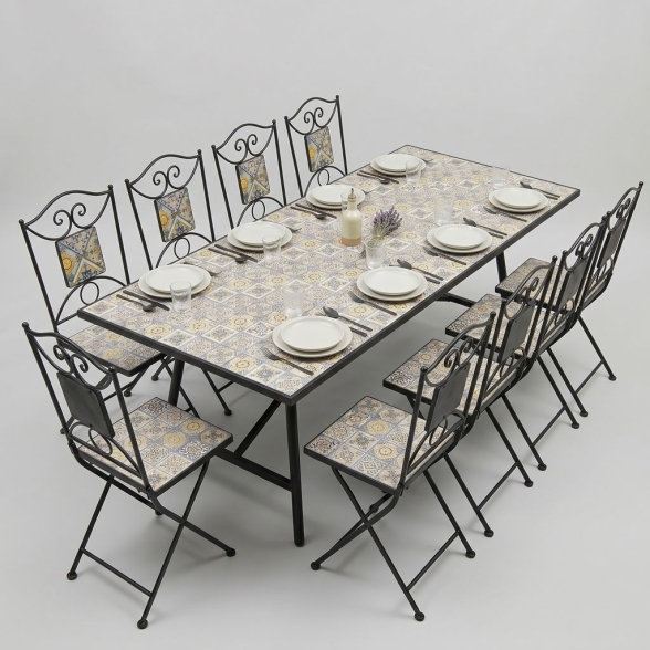 Tavolo Da Esterno 100x200 Cm Con Top In Maioliche E Struttura In Ferro Amalfi