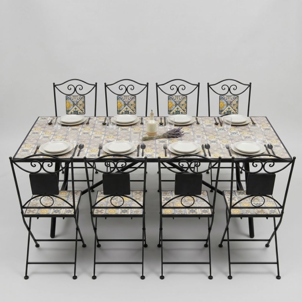 Tavolo Da Esterno 100x200 Cm Con Top In Maioliche E Struttura In Ferro Amalfi