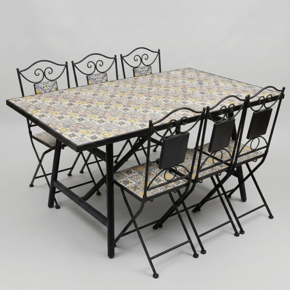 Tavolo Da Esterno 90x160 Cm Con Top In Maioliche E Struttura In Ferro Amalfi