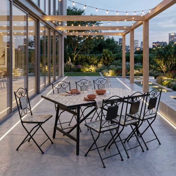 Tavolo Da Esterno 90x160 Cm Con Top In Maioliche E Struttura In Ferro Amalfi