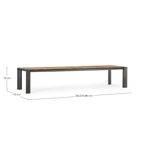 Tavolo Da Esterno In Alluminio Piano In Teak Allungabile 110x253/384 Cm Cameron Antracite Bizzotto