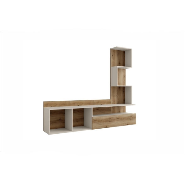 Parete Attrezzata 180 Cm Mobile TV Con Libreria Rovere Naturale E Beige Lima