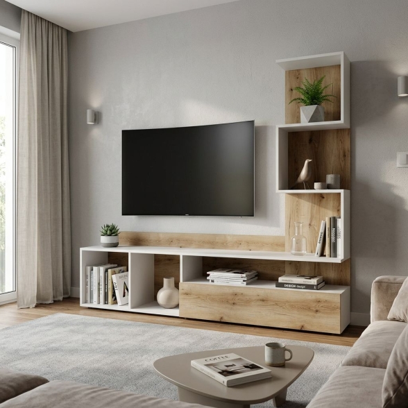 Parete Attrezzata 180 Cm Mobile TV Con Libreria Rovere Naturale E Beige Lima