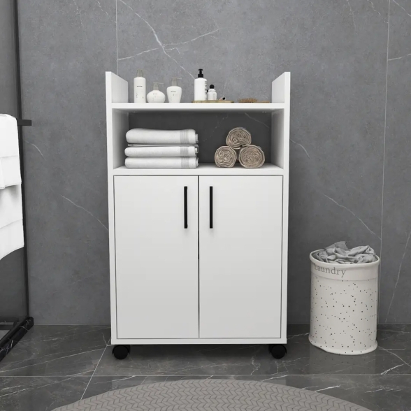 Mobile Multiuso Bagno/Cucina 2 Ante 60x35x92 Con Rotelle Lukas Bianco