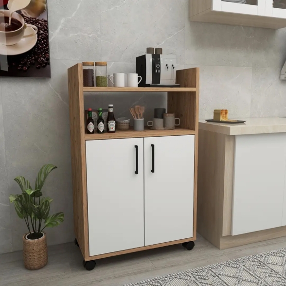 Mobile Multiuso Bagno/Cucina 2 Ante 60x35x92 Con Rotelle Lukas Rovere E Bianco