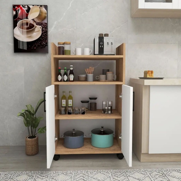 Mobile Multiuso Bagno/Cucina 2 Ante 60x35x92 Con Rotelle Lukas Rovere E Bianco