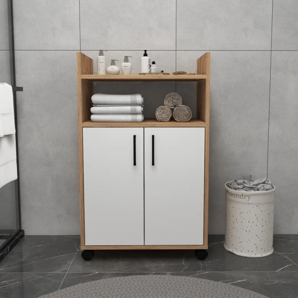 Mobile Multiuso Bagno/Cucina 2 Ante 60x35x92 Con Rotelle Lukas Rovere E Bianco