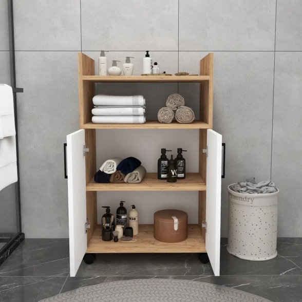 Mobile Multiuso Bagno/Cucina 2 Ante 60x35x92 Con Rotelle Lukas Rovere E Bianco