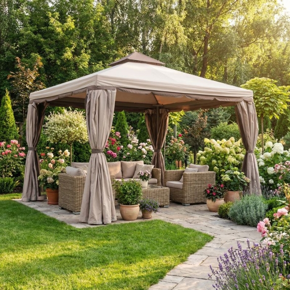 Gazebo In Alluminio Passion 3x4 Con Tende E Zanzariere Moka Telo Ecru