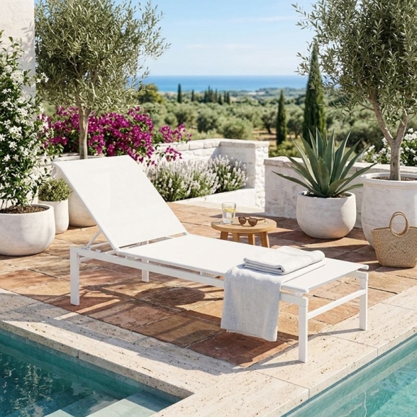 Lettino Prendisole In Acciaio 60x189x34 Cm Reclinabile Spring Bianco