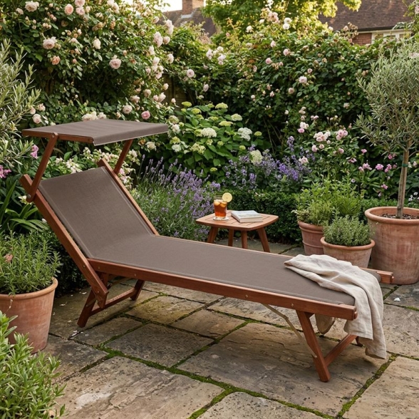 Lettino Prendisole In Alluminio Effetto Legno 61x186x40 Cm Wooden Telo Taupe