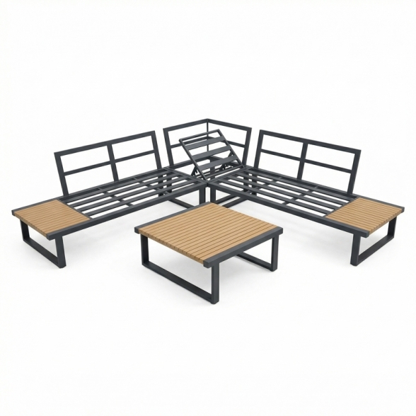 Set Salotto Angolare In Allumino E Polywood Con Cuscini E Tavolino Hills Antracite