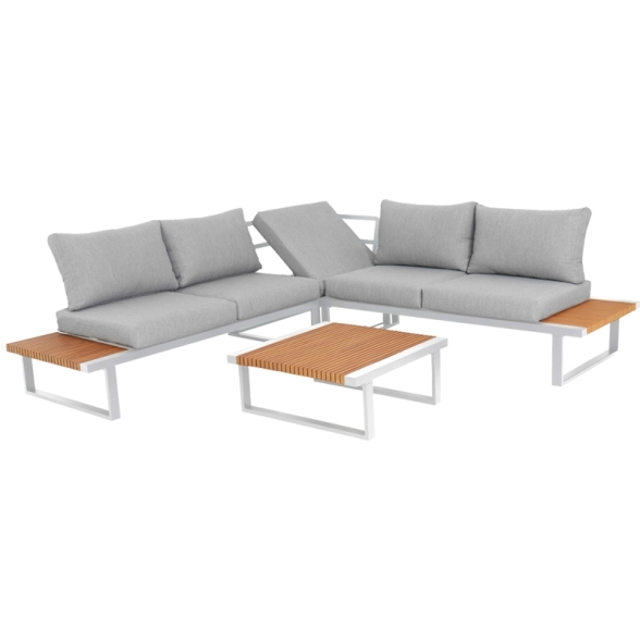 Set Salotto Angolare In Allumino E Polywood Con Cuscini E Tavolino Hills Bianco