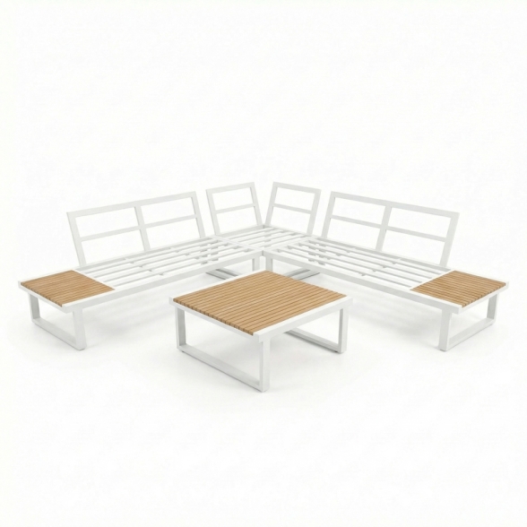 Set Salotto Angolare In Allumino E Polywood Con Cuscini E Tavolino Hills Bianco