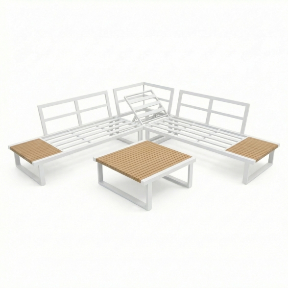 Set Salotto Angolare In Allumino E Polywood Con Cuscini E Tavolino Hills Bianco
