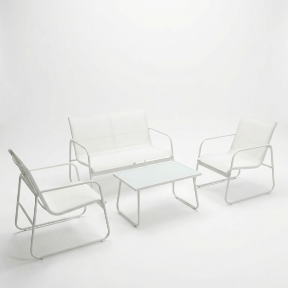 Set Salotto Da Esterno 4 Posti Con Tavolino In Vetro Rest Bianco