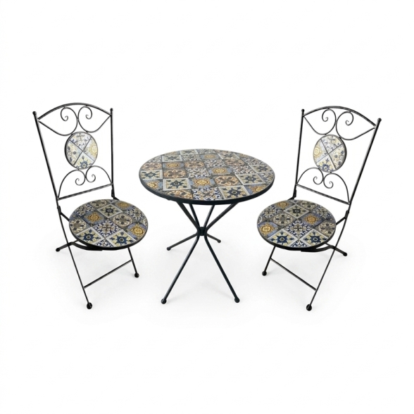 Set Bistrot Tavolo Maioliche Tondo 60 Cm Con 2 Sedie Pieghevoli Amalfi