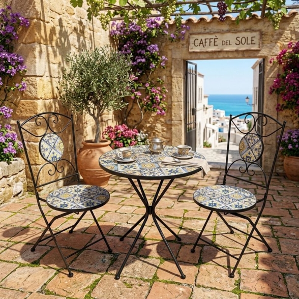 Set Bistrot Tavolo Maioliche Tondo 60 Cm Con 2 Sedie Pieghevoli Amalfi