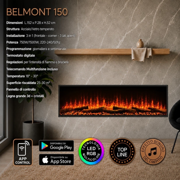 Camino elettrico da incasso a parete 3 lati L 150 LED RGB APP BELMONT150