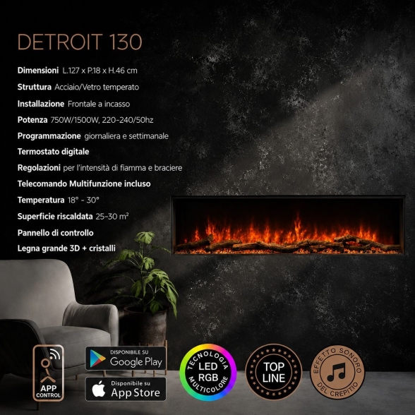 Camino elettrico da incasso a parete frontale L 150 LED RGB APP DETROIT150