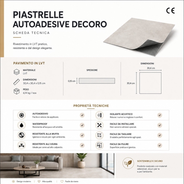 Piastrelle in LTV PVC autoadesive da pavimento parete Set 22 pz 2 mt2 30x30 effetto Marmo Beige