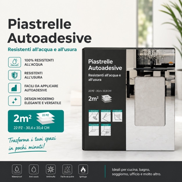 Piastrelle in LTV PVC autoadesive da pavimento parete Set 22 pz 2 mt2 30x30 effetto Marmo Grigio