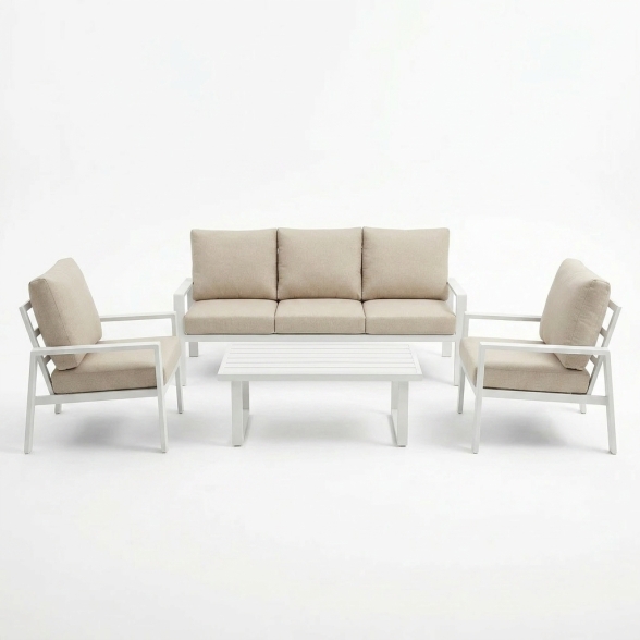 Set Salotto In Alluminio 5 Posti Con Cuscini e Tavolino Bally Bianco