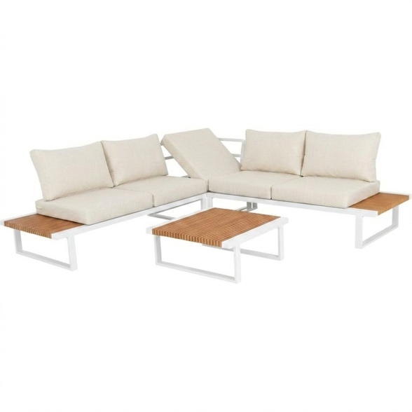 Set Salotto Angolare In Allumino E Polywood Con Cuscini E Tavolino Hills Bianco