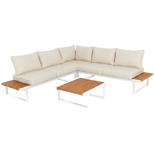 Set Salotto Angolare In Allumino E Polywood Con Cuscini E Tavolino Hills Bianco
