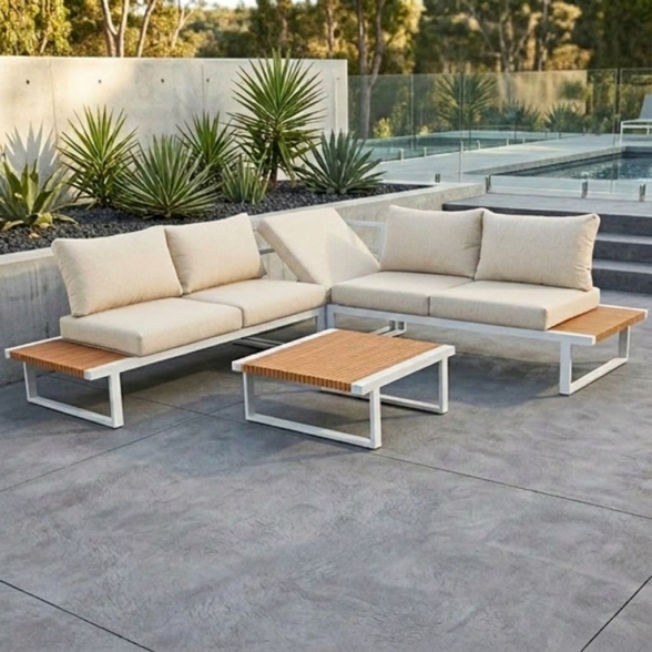Set Salotto Angolare In Allumino E Polywood Con Cuscini E Tavolino Hills Bianco