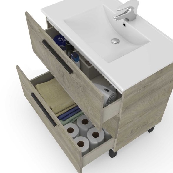 Mobile Bagno 80 Cm 3 Cassetti Con Lavabo E Specchio Athena Rovere Alaska