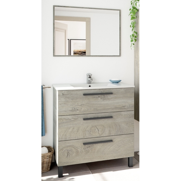 Mobile Bagno 80 Cm 3 Cassetti Con Lavabo E Specchio Athena Rovere Alaska