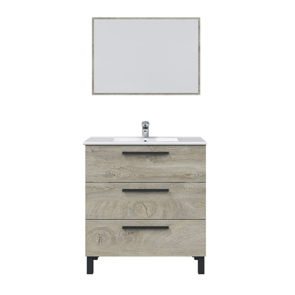 Mobile Bagno 80 Cm 3 Cassetti Con Lavabo E Specchio Athena Rovere Alaska