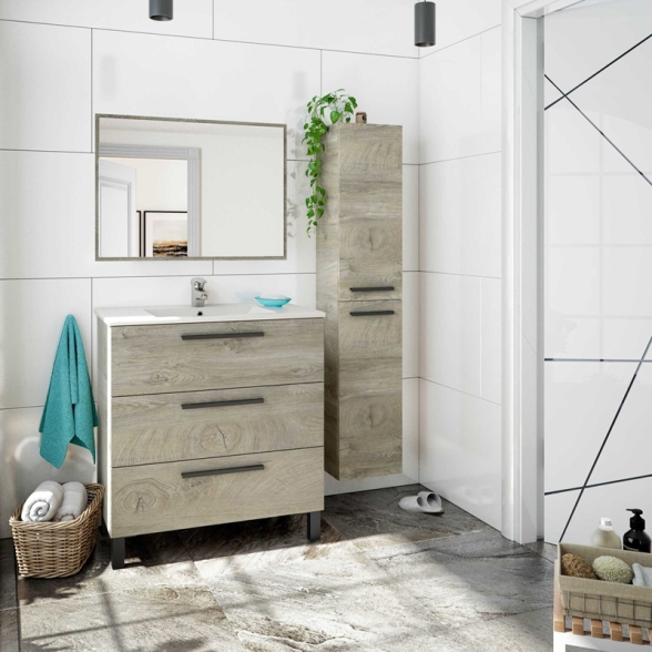 Mobile Bagno 80 Cm 3 Cassetti Con Lavabo E Specchio Athena Rovere Alaska