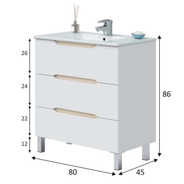 Mobile Da Bagno 80 Cm 3 Cassetti Con Piedini E Lavabo In Ceramica Lea Bianco Lucido