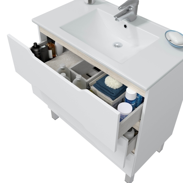 Mobile Da Bagno 80 Cm 3 Cassetti Con Piedini E Lavabo In Ceramica Lea Bianco Lucido