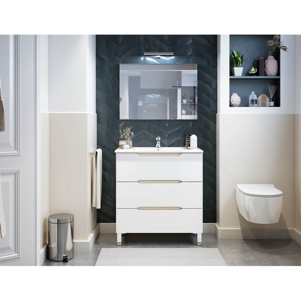 Mobile Da Bagno 80 Cm 3 Cassetti Con Piedini E Lavabo In Ceramica Lea Bianco Lucido