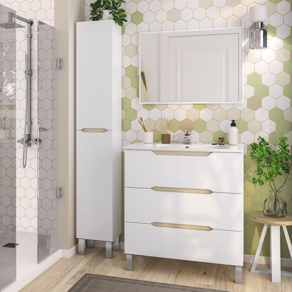 Mobile Da Bagno 80 Cm 3 Cassetti Con Piedini E Lavabo In Ceramica Lea Bianco Lucido