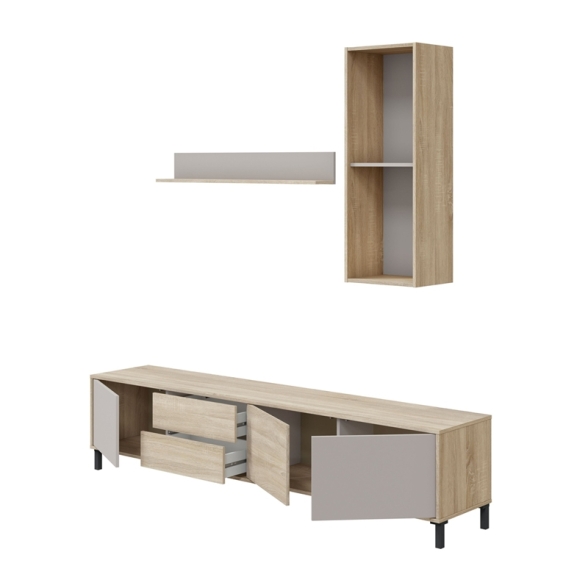 Mobile TV 200 Cm Con Ante Cassetti E Mensole Superiori Nilo Cashmere E Rovere Canadian